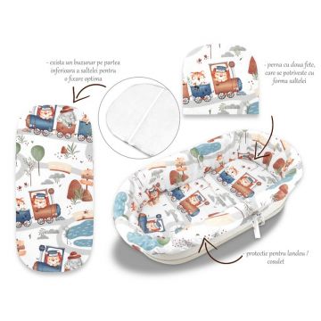 Set pentru landoucosulet MimiNu cu protectie, saltea si pernuta din bumbac design Zoo in train