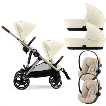 Carucior gemeni Cybex Gazelle S Taupe Seashell Beige cu Scoici Auto Cloud G3 Plus