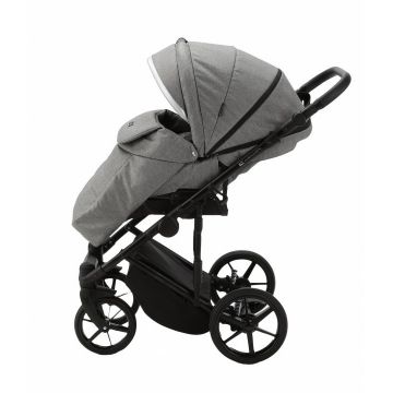 Carucior 3 in 1 Adamex Rimini Alu tip Collection Linen  EcoLeather cloud gray cu scaun iSize, parte sport reglabila pana la orizontala, cadru cu suspensii, landou cu suport de cap reglabil pe inaltime