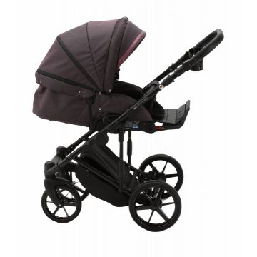 Carucior 3 in 1 Adamex Rimini Alu tip Collection Linen  EcoLeather frozen raspberry cu scaun iSize, parte sport reglabila pana la orizontala, cadru cu suspensii, landou cu suport de cap reglabil pe inaltime