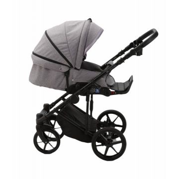 Carucior 3 in 1 Adamex Rimini Alu tip Collection Linen  EcoLeather lavander lila cu scaun iSize, parte sport reglabila pana la orizontala, cadru cu suspensii, landou cu suport de cap reglabil pe inaltime