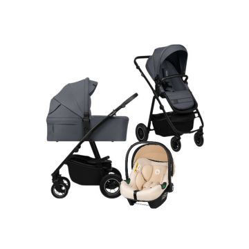 Carucior 3 in 1, Lionelo, Amber Plus, Cu scoica auto Bej testata ADAC, Reversibil, Maner ajustabil, Cu accesorii, Cu ventilatie panoramica 3D, Pana la 22 kg, EN1888-1, EN1888-2, EN1466, ECE R129, Gri