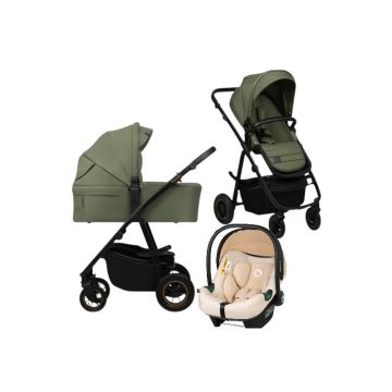 Carucior 3 in 1, Lionelo, Amber Plus, Cu scoica auto Bej testata ADAC, Reversibil, Maner ajustabil, Cu accesorii, Cu ventilatie panoramica 3D, Pana la 22 kg, EN1888-1, EN1888-2, EN1466, ECE R129, Verde