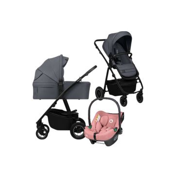 Carucior 3 in 1, Lionelo, Amber Plus, Cu scoica auto Roz testata ADAC, Reversibil, Maner ajustabil, Cu accesorii, Cu ventilatie panoramica 3D, Pana la 22 kg, EN1888-1, EN1888-2, EN1466, ECE R129, Gri