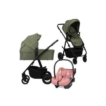 Carucior 3 in 1, Lionelo, Amber Plus, Cu scoica auto Roz testata ADAC, Reversibil, Maner ajustabil, Cu accesorii, Cu ventilatie panoramica 3D, Pana la 22 kg, EN1888-1, EN1888-2, EN1466, ECE R129, Verde