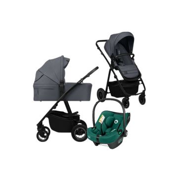 Carucior 3 in 1, Lionelo, Amber Plus, Cu scoica auto Verde testata ADAC, Reversibil, Maner ajustabil, Cu accesorii, Cu ventilatie panoramica 3D, Pana la 22 kg, EN1888-1, EN1888-2, EN1466, ECE R129, Gri