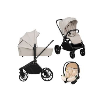 Carucior 3 in 1, Lionelo, Mika Plus, Cu scoica auto Bej testata ADAC, Reversibil, Cu sistem de ventilatie 3D, Cu accesorii, Pana la 22 kg, EN1888-1 EN1888-2 EN1466 ECE R129, Bej