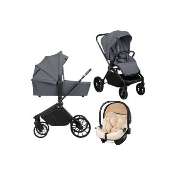 Carucior 3 in 1, Lionelo, Mika Plus, Cu scoica auto Bej testata ADAC, Reversibil, Cu sistem de ventilatie 3D, Cu accesorii, Pana la 22 kg, EN1888-1 EN1888-2 EN1466 ECE R129, Gri