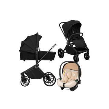 Carucior 3 in 1, Lionelo, Mika Plus, Cu scoica auto Bej testata ADAC, Reversibil, Cu sistem de ventilatie 3D, Cu accesorii, Pana la 22 kg, EN1888-1 EN1888-2 EN1466 ECE R129, Negru