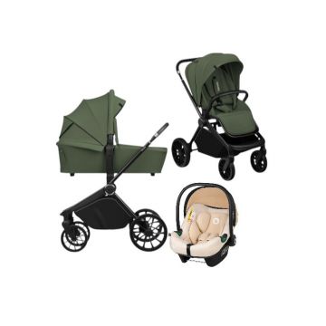 Carucior 3 in 1, Lionelo, Mika Plus, Cu scoica auto Bej testata ADAC, Reversibil, Cu sistem de ventilatie 3D, Cu accesorii, Pana la 22 kg, EN1888-1 EN1888-2 EN1466 ECE R129,Verde