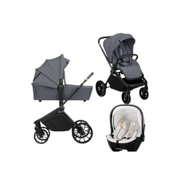 Carucior 3 in 1, Lionelo, Mika Plus, Cu scoica auto Moxie Bej, Reversibil, Cu sistem de ventilatie 3D, Cu accesorii, Pana la 22 kg, EN1888-1 EN1888-2 EN1466 ECE R129, Gri