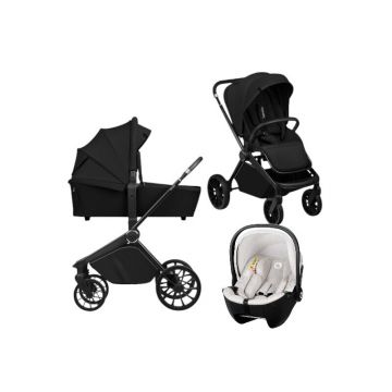 Carucior 3 in 1, Lionelo, Mika Plus, Cu scoica auto Moxie Bej, Reversibil, Cu sistem de ventilatie 3D, Cu accesorii, Pana la 22 kg, EN1888-1 EN1888-2 EN1466 ECE R129, Negru