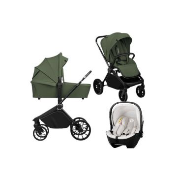 Carucior 3 in 1, Lionelo, Mika Plus, Cu scoica auto Moxie Bej, Reversibil, Cu sistem de ventilatie 3D, Cu accesorii, Pana la 22 kg, EN1888-1 EN1888-2 EN1466 ECE R129, Verde