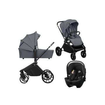 Carucior 3 in 1, Lionelo, Mika Plus, Cu scoica auto Moxie Black Carbon, Reversibil, Cu sistem de ventilatie 3D, Cu accesorii, Pana la 22 kg, EN1888-1 EN1888-2 EN1466 ECE R129, Gri