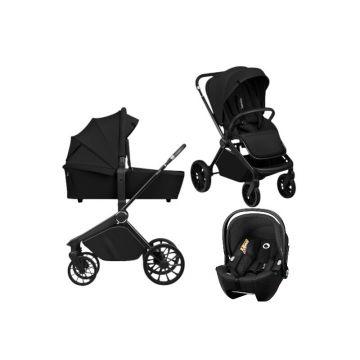 Carucior 3 in 1, Lionelo, Mika Plus, Cu scoica auto Moxie Black Carbon, Reversibil, Cu sistem de ventilatie 3D, Cu accesorii, Pana la 22 kg, EN1888-1 EN1888-2 EN1466 ECE R129, Negru