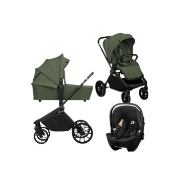 Carucior 3 in 1, Lionelo, Mika Plus, Cu scoica auto Moxie Black Carbon, Reversibil, Cu sistem de ventilatie 3D, Cu accesorii, Pana la 22 kg, EN1888-1 EN1888-2 EN1466 ECE R129, Verde