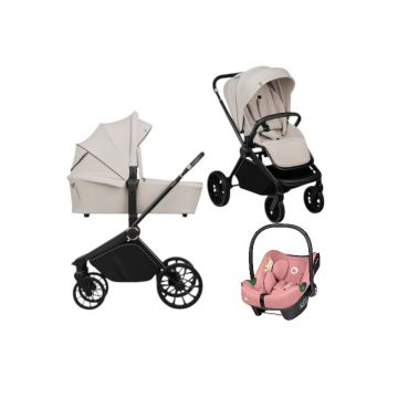 Carucior 3 in 1, Lionelo, Mika Plus, Cu scoica auto Roz testata ADAC, Reversibil, Cu sistem de ventilatie 3D, Cu accesorii, Pana la 22 kg, EN1888-1 EN1888-2 EN1466 ECE R129, Bej