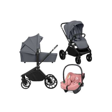 Carucior 3 in 1, Lionelo, Mika Plus, Cu scoica auto Roz testata ADAC, Reversibil, Cu sistem de ventilatie 3D, Cu accesorii, Pana la 22 kg, EN1888-1 EN1888-2 EN1466 ECE R129, Gri
