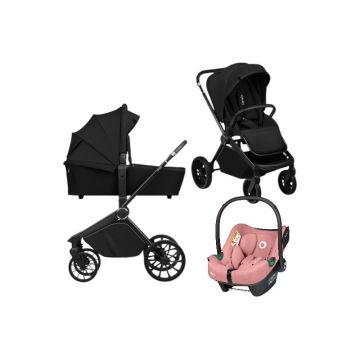Carucior 3 in 1, Lionelo, Mika Plus, Cu scoica auto Roz testata ADAC, Reversibil, Cu sistem de ventilatie 3D, Cu accesorii, Pana la 22 kg, EN1888-1 EN1888-2 EN1466 ECE R129, Negru