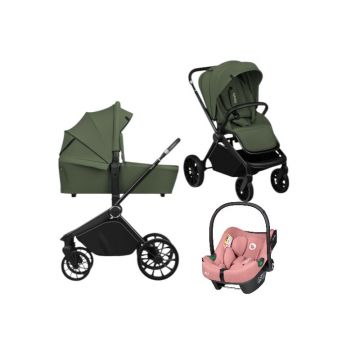 Carucior 3 in 1, Lionelo, Mika Plus, Cu scoica auto Roz testata ADAC, Reversibil, Cu sistem de ventilatie 3D, Cu accesorii, Pana la 22 kg, EN1888-1 EN1888-2 EN1466 ECE R129, Verde