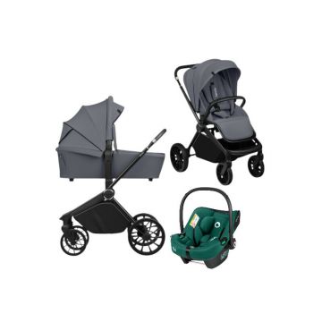 Carucior 3 in 1, Lionelo, Mika Plus, Cu scoica auto Verde testata ADAC, Reversibil, Cu sistem de ventilatie 3D, Cu accesorii, Pana la 22 kg, EN1888-1 EN1888-2 EN1466 ECE R129, Gri