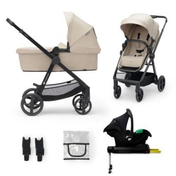 Carucior 4 în 1 KinderKraft Newly, 0 - 22kg, scoica auto Mink Prf cu baza Isofix inclusa, Bej