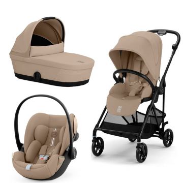 Carucior Cybex Melio Carbon 3 in 1 Almond Beige cu Scoica Auto Cloud G i-Size Plus reclinabila