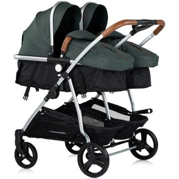 Carucior gemeni Chipolino Duo Smart 3 in 1 basil, Cadru aluminiu, pliere compacta, Suspensii si frana, Spartar reglabil, accesorii incluse