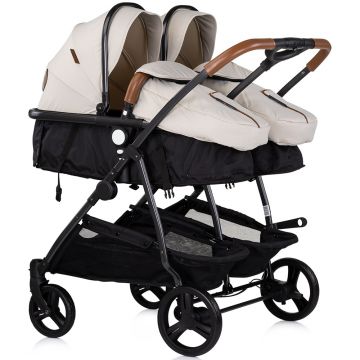 Carucior gemeni Chipolino Duo Smart 3 in 1 biscotta, Cadru aluminiu, pliere compacta, Suspensii si frana, Spartar reglabil, accesorii incluse