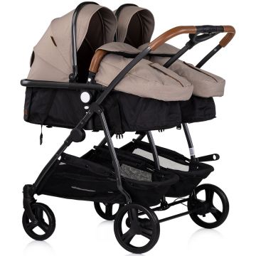 Carucior gemeni Chipolino Duo Smart 3 in 1 tiramisu, Cadru aluminiu, pliere compacta, Suspensii si frana, Spartar reglabil, accesorii incluse