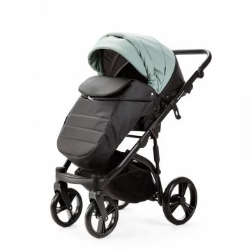 Carucior pentru copii 2 in 1, Adamex Lanti SD103, pliabil, landou cu salteluta, copertina reglabila, roti frontale pivotante 360, cu dubla suspensie si husa de ploaie inclusa, Full EcoLeather, Black Jade