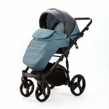 Carucior pentru copii 2 in 1, Adamex Lanti SD42, pliabil, landou cu salteluta, copertina reglabila, roti frontale pivotante 360, cu dubla suspensie si husa de ploaie inclusa, Full EcoLeather, Blue Shadow