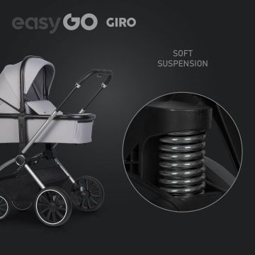 Carucior pentru copii 2 in 1 Easy Go Giro, pana la 22 kg, cu landou 80 cm, Maner telescopic, copertina XXL, pliere tip pendul, cadru ultra-usor din aluminiu, accesorii incluse, Cloud Grey