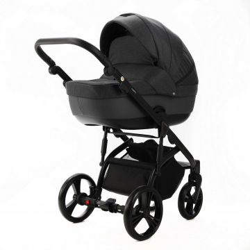 Carucior pentru copii, Adamex, 2 in 1, Lanti PS35, Pliabil, landou cu salteluta, copertina reglabila, roti frontale pivotante, cu dubla suspensie si husa de ploaie inclusa, Linen  EcoLeather, Dark Gray