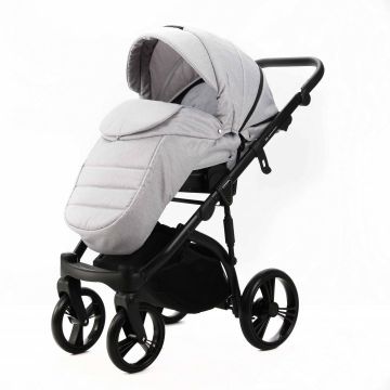 Carucior pentru copii, Adamex, 2 in 1, Lanti PS46, Pliabil, landou cu salteluta, copertina reglabila, roti frontale pivotante, cu dubla suspensie si husa de ploaie inclusa, Linen  EcoLeather, Pearl