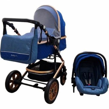 Carucior pentru copii Baby Care Pro 530 Albastru Carouri 3 in 1 Transformabil, Cadru Aluminiu, Amortizoare, Roti din cauciuc, Spatar reglabil 3 trepte, Plasa insecte, Geanta
