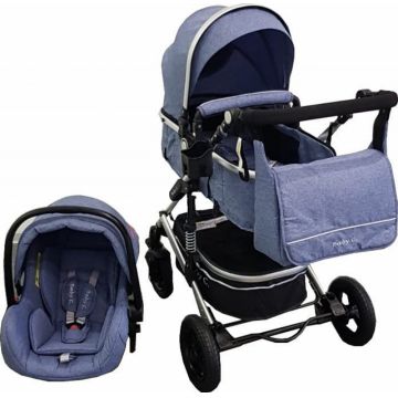 Carucior pentru copii Baby Care Pro 530 Albastru Jeans 3 in 1 Transformabil, Cadru Aluminiu, Amortizoare, Roti din cauciuc, Spatar reglabil 3 trepte, Plasa insecte, Geanta