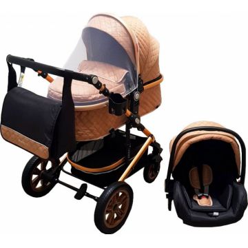 Carucior pentru copii Baby Care Pro 530 Bej Negru 3 in 1 Transformabil, Cadru Aluminiu, Amortizoare, Roti din cauciuc, Spatar reglabil 3 trepte, Plasa insecte, Geanta
