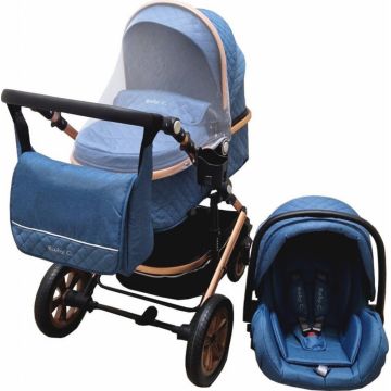 Carucior pentru copii Baby Care Pro 530 Bleumarin 3 in 1 Transformabil, Cadru Aluminiu, Amortizoare, Roti din cauciuc, Spatar reglabil 3 trepte, Plasa insecte, Geanta