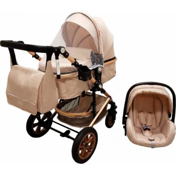 Carucior pentru copii Baby Care Pro 530 Crem 3 in 1 Transformabil, Cadru Aluminiu, Amortizoare, Roti din cauciuc, Spatar reglabil 3 trepte, Plasa insecte, Geanta