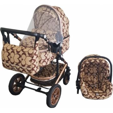 Carucior pentru copii Baby Care Pro 530 Crem cu Imprimeu Oval 3 in 1 Transformabil, Cadru Aluminiu, Amortizoare, Roti din cauciuc, Spatar reglabil 3 trepte, Plasa insecte, Geanta