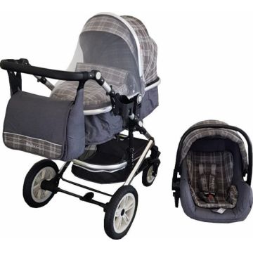 Carucior pentru copii Baby Care Pro 530 Gri Jeans Carouri 3 in 1 Transformabil, Cadru Aluminiu, Amortizoare, Roti din cauciuc, Spatar reglabil 3 trepte, Plasa insecte, Geanta