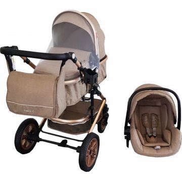 Carucior pentru copii Baby Care Pro 530 Maro Gold 3 in 1 Transformabil, Cadru Aluminiu, Amortizoare, Roti din cauciuc, Spatar reglabil 3 trepte, Plasa insecte, Geanta