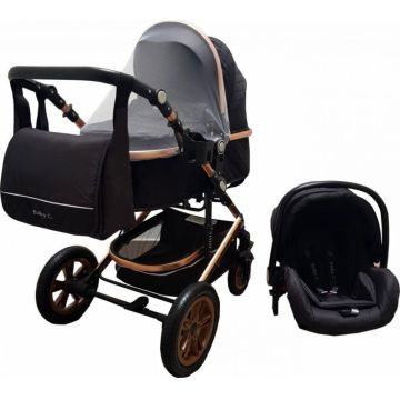 Carucior pentru copii Baby Care Pro 530 Negru 3 in 1 Transformabil, Cadru Aluminiu, Amortizoare, Roti din cauciuc, Spatar reglabil 3 trepte, Plasa insecte, Geanta