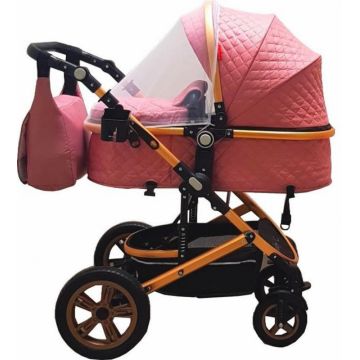 Carucior pentru copii Baby Care Pro 530 Roz 3 in 1 Transformabil, Cadru Aluminiu, Amortizoare, Roti din cauciuc, Spatar reglabil 3 trepte, Plasa insecte, Geanta