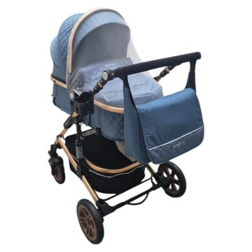 Carucior pentru copii Baby Care PRO 531 Albastru 2 in 1 Cu geanta bebe, Cadru Aluminiu Gold , Amortizoare, Roti din cauciuc plin, Spatar reglabil 3 trepte, Plasa insecte