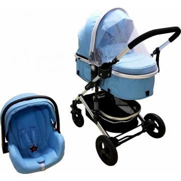 Carucior pentru copii Baby Care PRO 531 Albastru 3 in 1, Cadru Aluminiu, Amortizoare, Roti din cauciuc plin, Landou, Scoica auto, Spatar reglabil 3 trepte, Plasa insecte