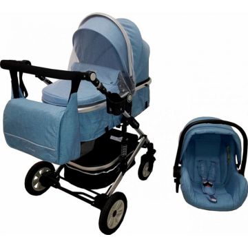 Carucior pentru copii Baby Care Pro 531 Albastru 3 in 1 Transformabil, Cadru Aluminiu, Amortizoare, Roti din cauciuc, Spatar reglabil 3 trepte, Plasa insecte, Geanta