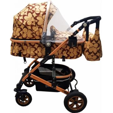 Carucior pentru copii Baby Care Pro 531 Bej cu fluturi maro 3 in 1 Transformabil, Cadru Aluminiu, Amortizoare, Roti din cauciuc, Spatar reglabil 3 trepte, Plasa insecte, Geanta
