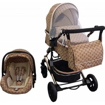 Carucior pentru copii Baby Care Pro 531 Bej Maro 3 in 1 Transformabil, Cadru Aluminiu, Amortizoare, Roti din cauciuc, Spatar reglabil 3 trepte, Plasa insecte, Geanta